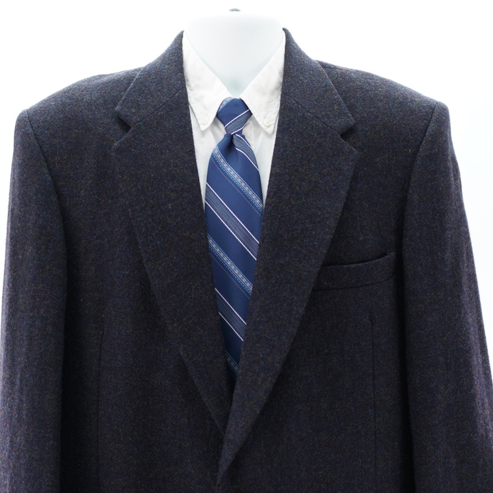 Farah Tweed Wool Blue W/ Brown Spec Leather Button Sport Coat 42R Tagged 44L